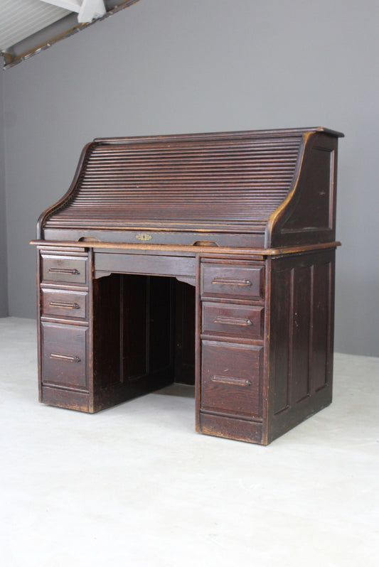 Antique Oak Tambour Roll Top Desk - Kernow Furniture