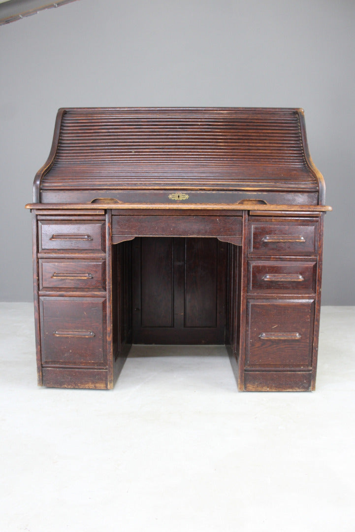 Antique Oak Tambour Roll Top Desk - Kernow Furniture