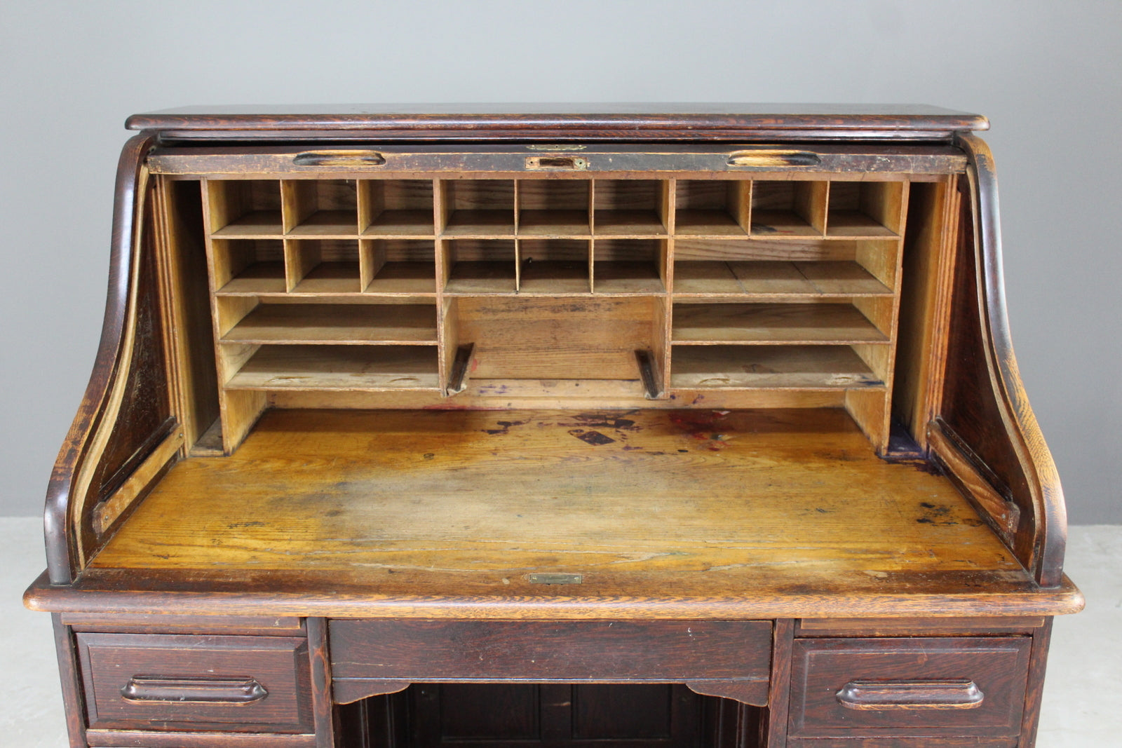 Antique Oak Tambour Roll Top Desk - Kernow Furniture