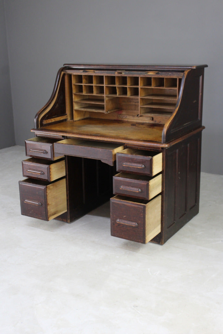 Antique Oak Tambour Roll Top Desk - Kernow Furniture