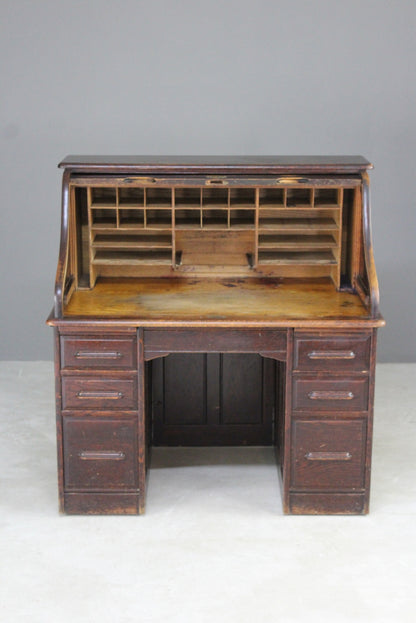 Antique Oak Tambour Roll Top Desk - Kernow Furniture