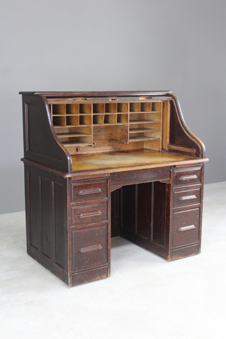 Antique Oak Tambour Roll Top Desk - Kernow Furniture