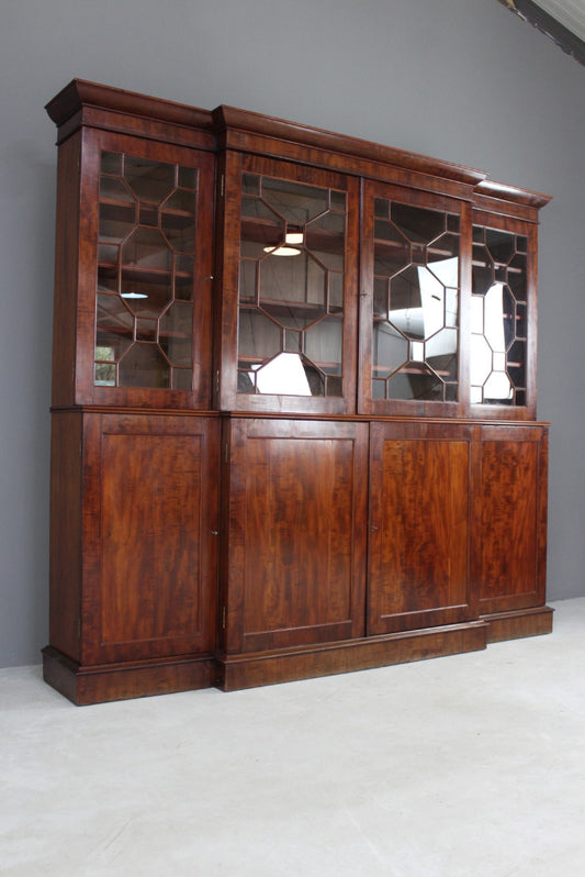 Georgian Style Mahogany Glazed Breakfront Bookcase - Kernow Furniture