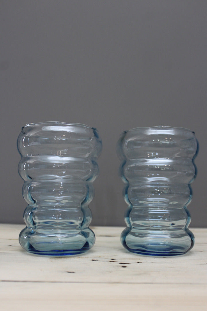 Pair Retro Blue Glass Vase - Kernow Furniture