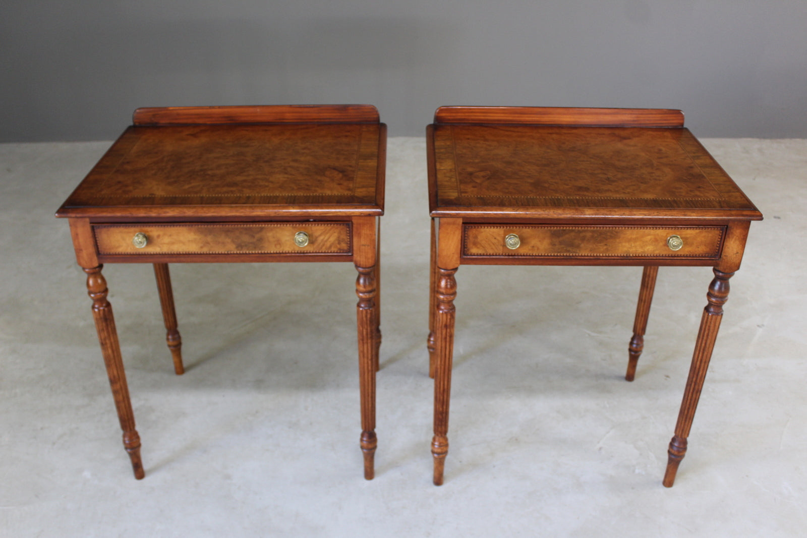 Pair Sheraton Style Burr Walnut Side Tables - Kernow Furniture