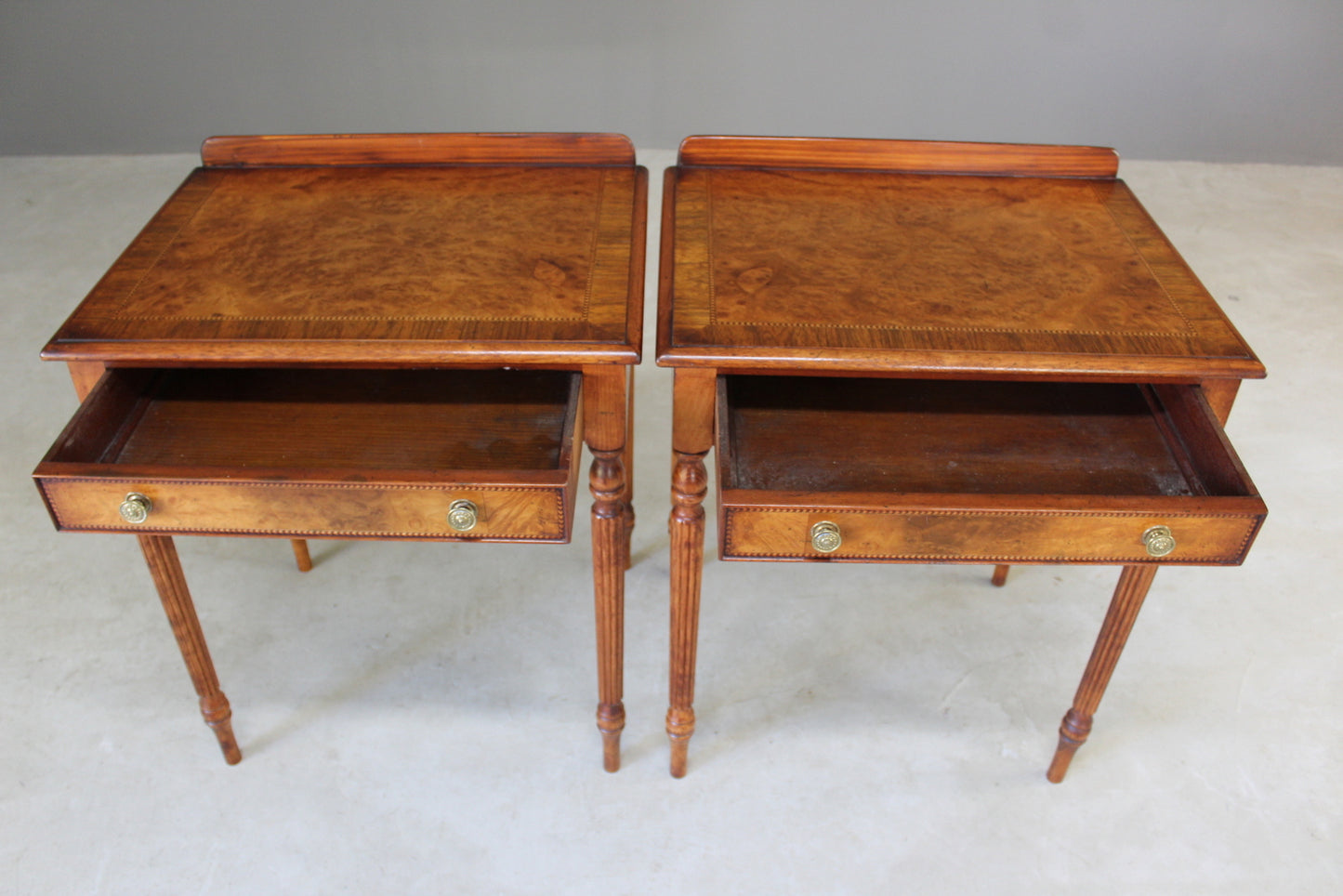 Pair Sheraton Style Burr Walnut Side Tables - Kernow Furniture