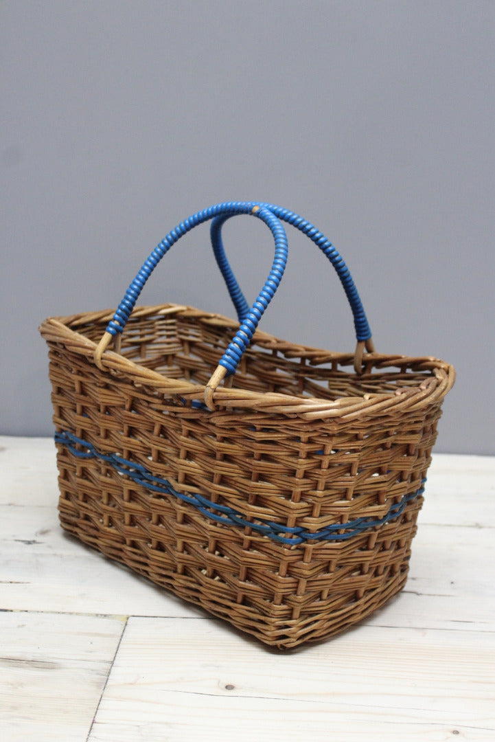 Vintage Wicker Shopping Basket Blue Handles - Kernow Furniture