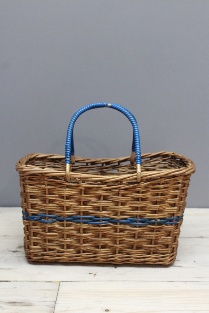 Vintage Wicker Shopping Basket Blue Handles - Kernow Furniture