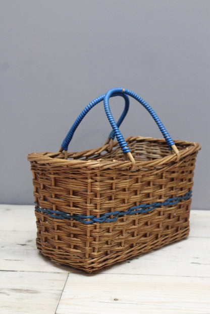 Vintage Wicker Shopping Basket Blue Handles - Kernow Furniture