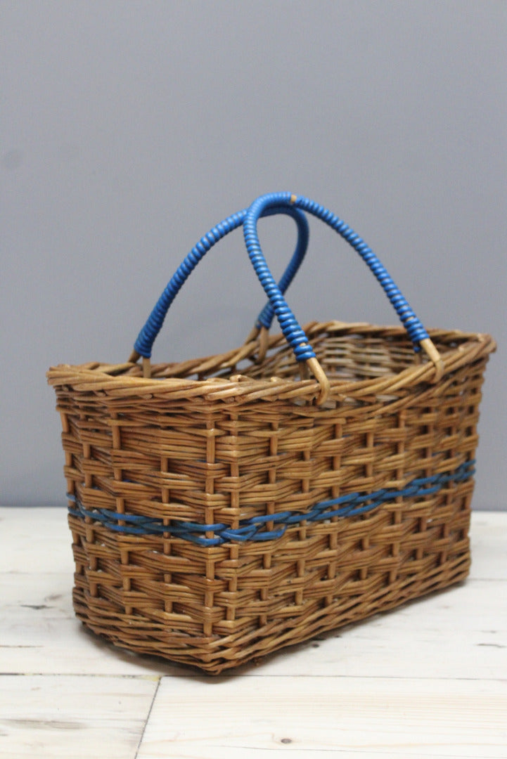 Vintage Wicker Shopping Basket Blue Handles - Kernow Furniture