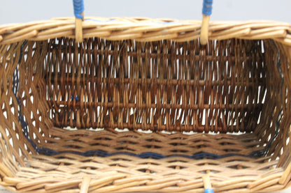 Vintage Wicker Shopping Basket Blue Handles - Kernow Furniture