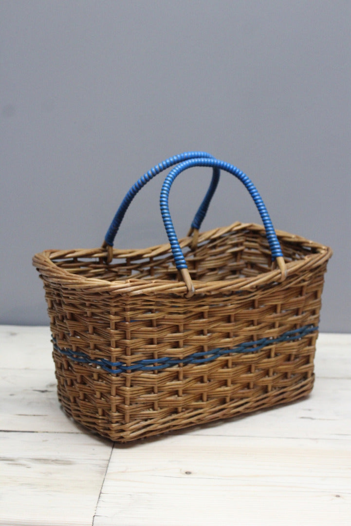 Vintage Wicker Shopping Basket Blue Handles - Kernow Furniture