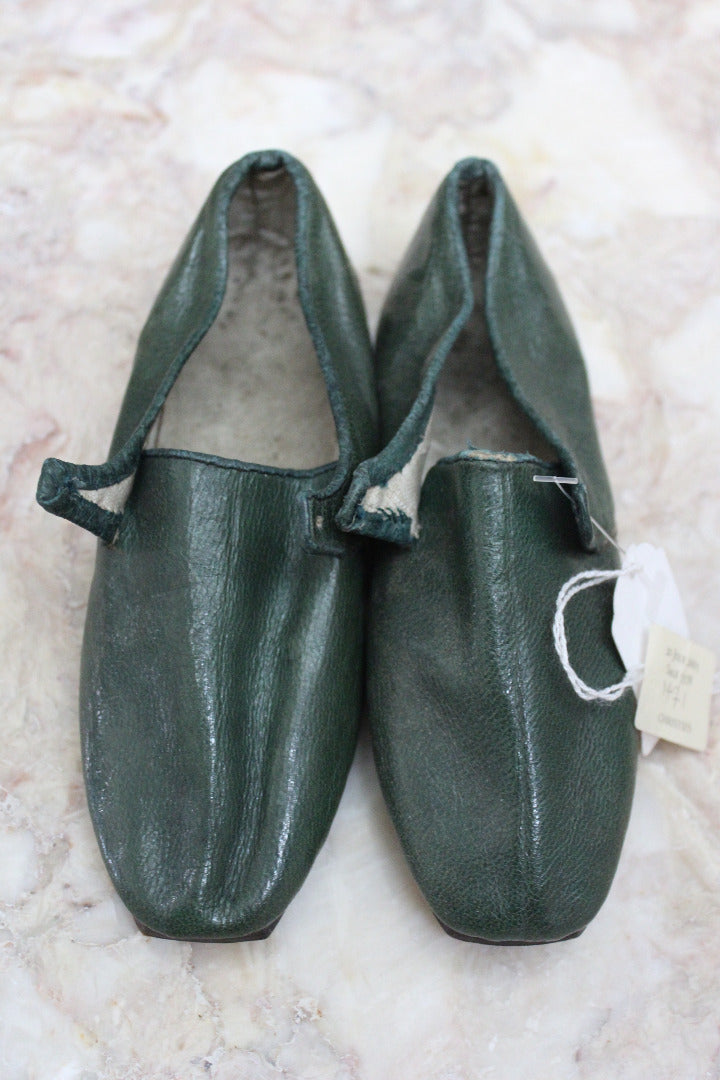 Pair Childs Hand Made Green Leather Shoes - Kernow Furniture