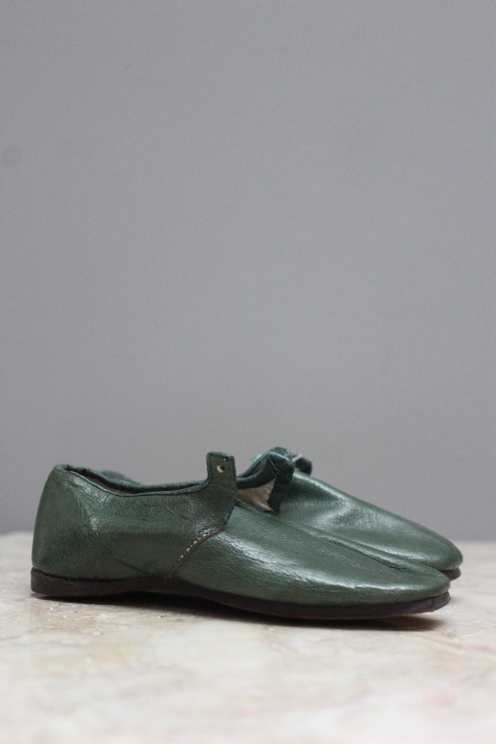 Pair Childs Hand Made Green Leather Shoes - Kernow Furniture