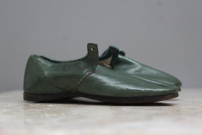 Pair Childs Hand Made Green Leather Shoes - Kernow Furniture