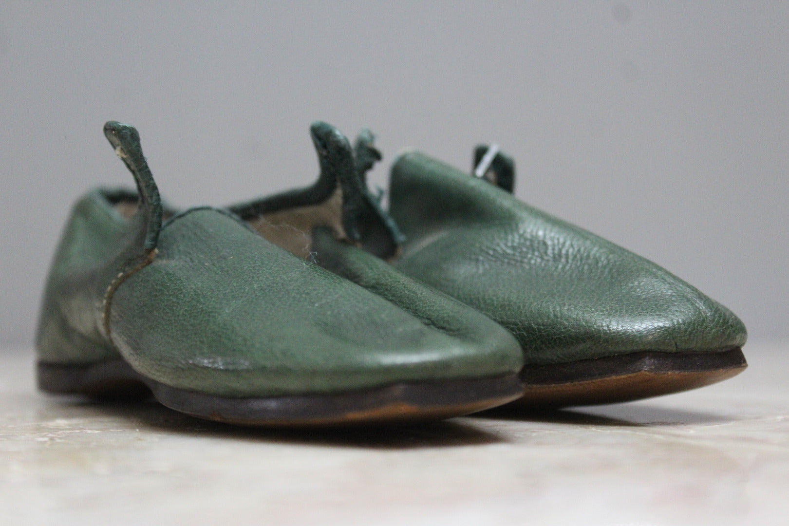 Pair Childs Hand Made Green Leather Shoes - Kernow Furniture