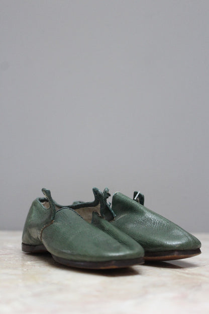 Pair Childs Hand Made Green Leather Shoes - Kernow Furniture