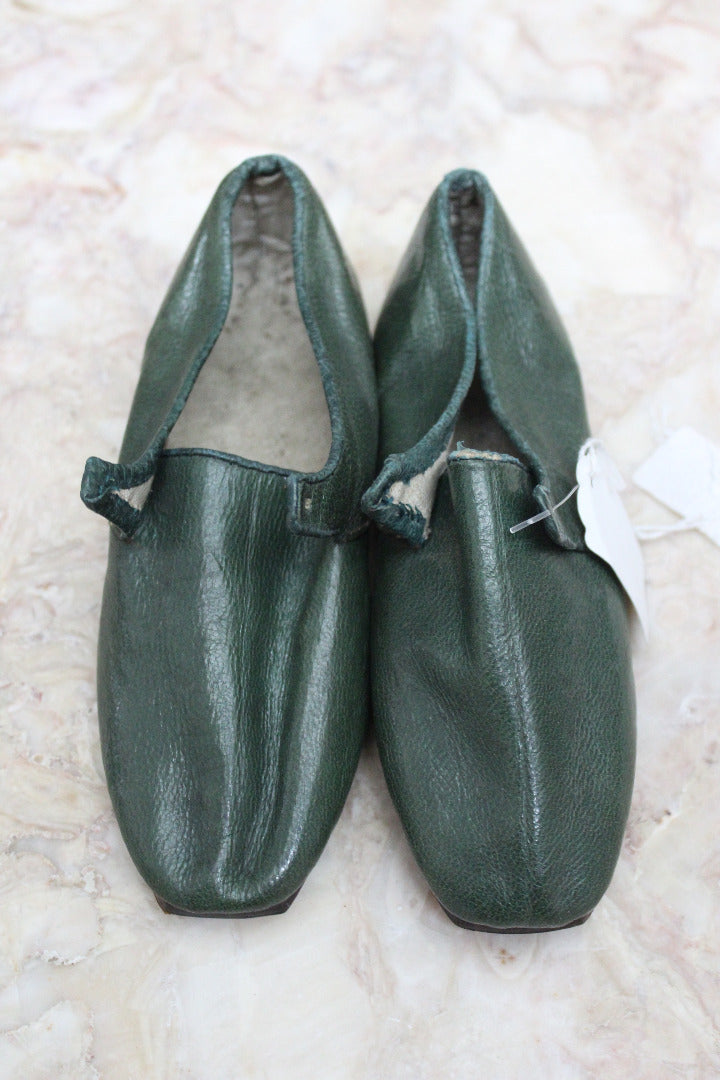 Pair Childs Hand Made Green Leather Shoes - Kernow Furniture