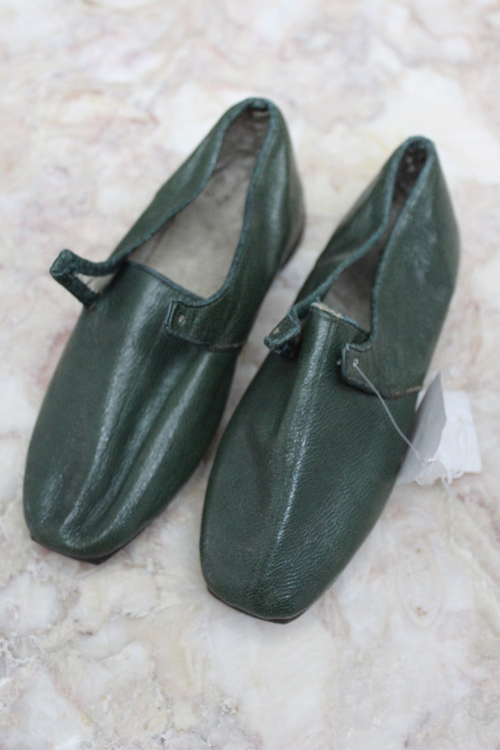 Pair Childs Hand Made Green Leather Shoes - Kernow Furniture