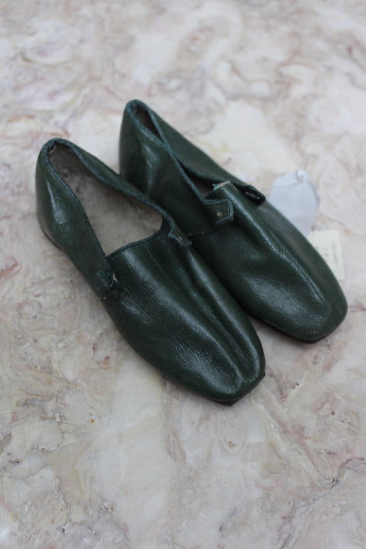 Pair Childs Hand Made Green Leather Shoes - Kernow Furniture