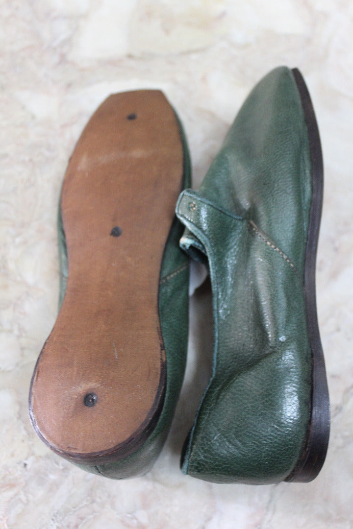 Pair Childs Hand Made Green Leather Shoes - Kernow Furniture