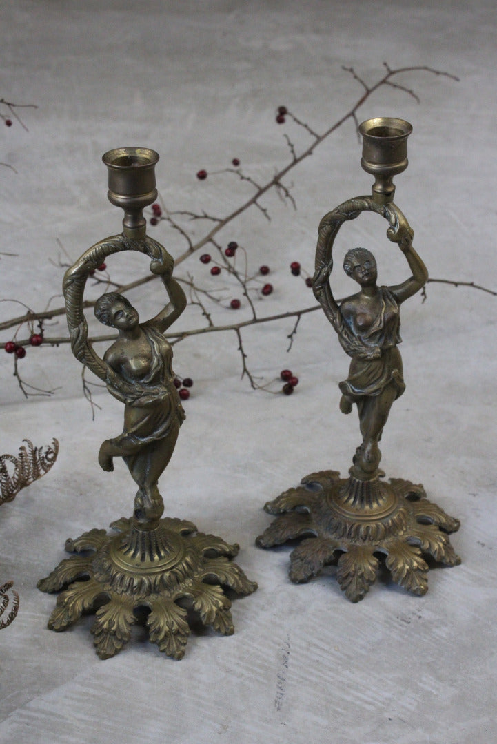 Pair Brass Grecian Style Figure Candlesticks - Kernow Furniture