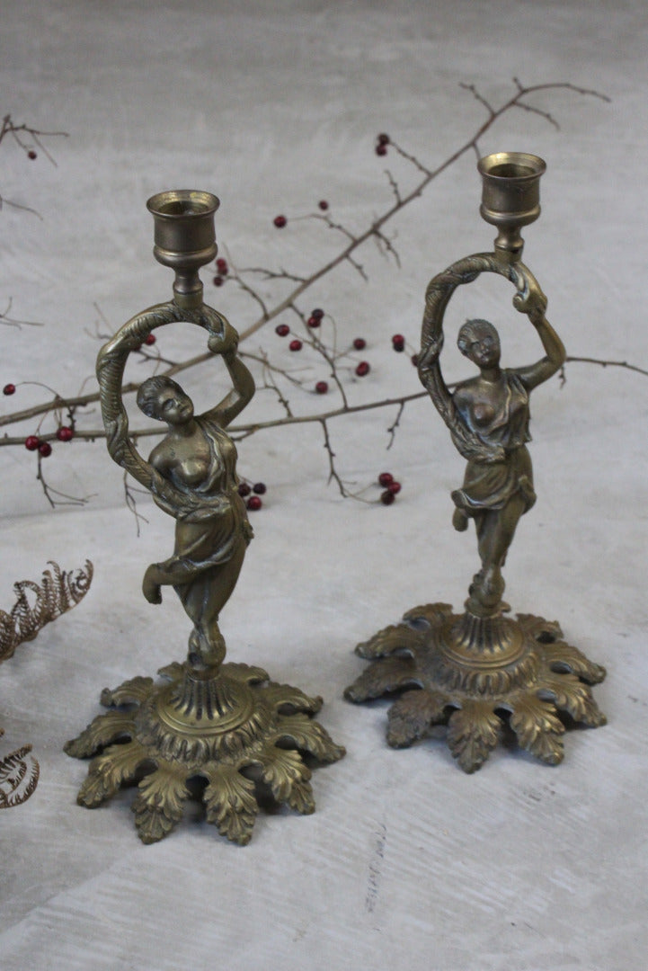 Pair Brass Grecian Style Figure Candlesticks - Kernow Furniture