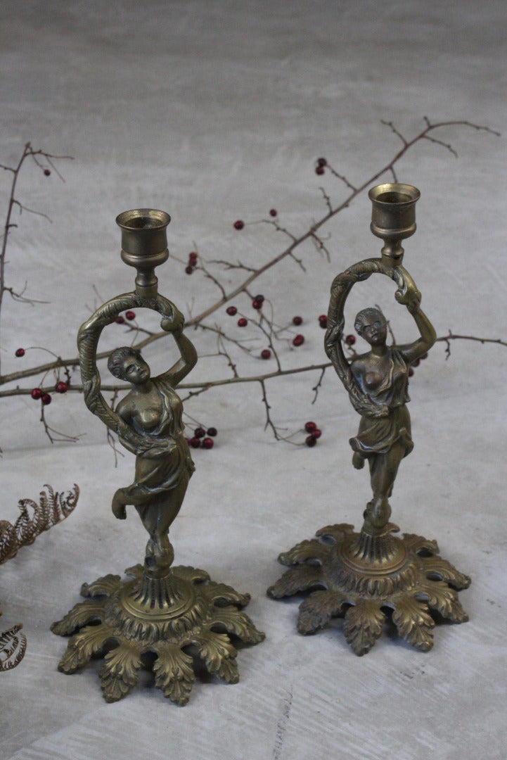 Pair Brass Grecian Style Figure Candlesticks - Kernow Furniture