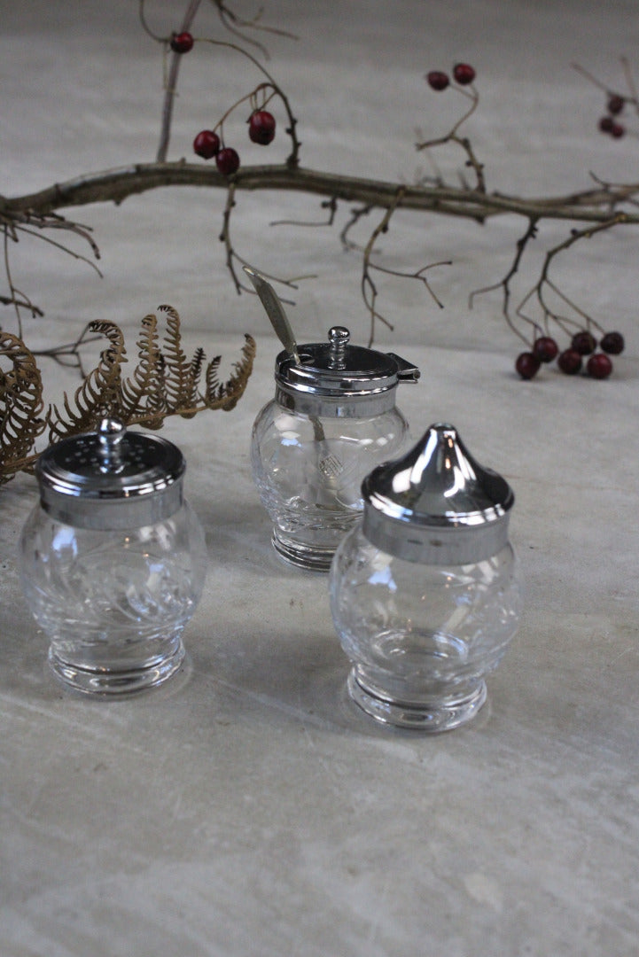 Tiny Etched Glass Salt Pepper & Mustard Pots - Kernow Furniture