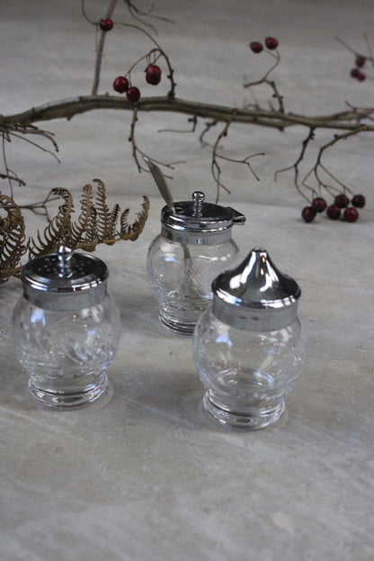 Tiny Etched Glass Salt Pepper & Mustard Pots - Kernow Furniture