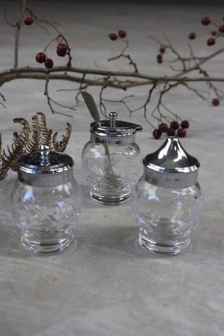 Tiny Etched Glass Salt Pepper & Mustard Pots - Kernow Furniture