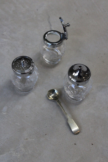 Tiny Etched Glass Salt Pepper & Mustard Pots - Kernow Furniture