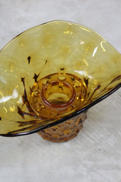 Vintage Amber Glass Posy Flower Bowl & Frog - Kernow Furniture