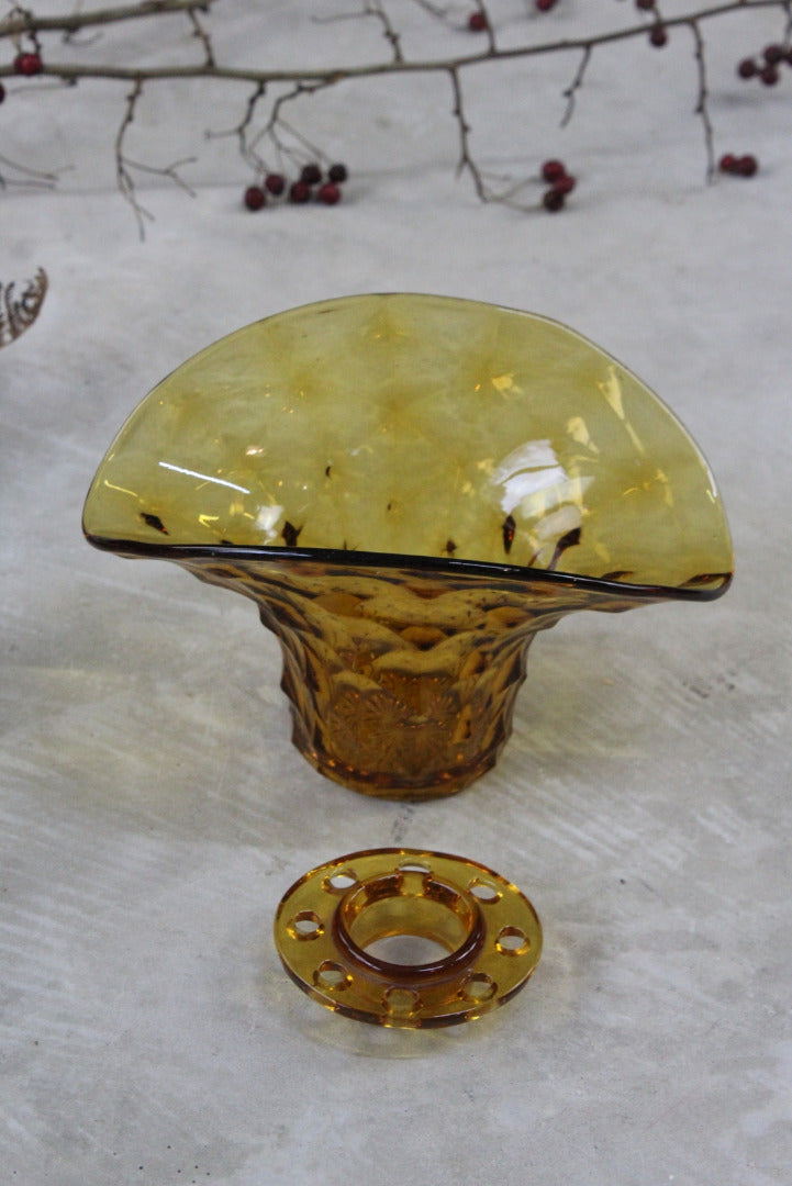 Vintage Amber Glass Posy Flower Bowl & Frog - Kernow Furniture