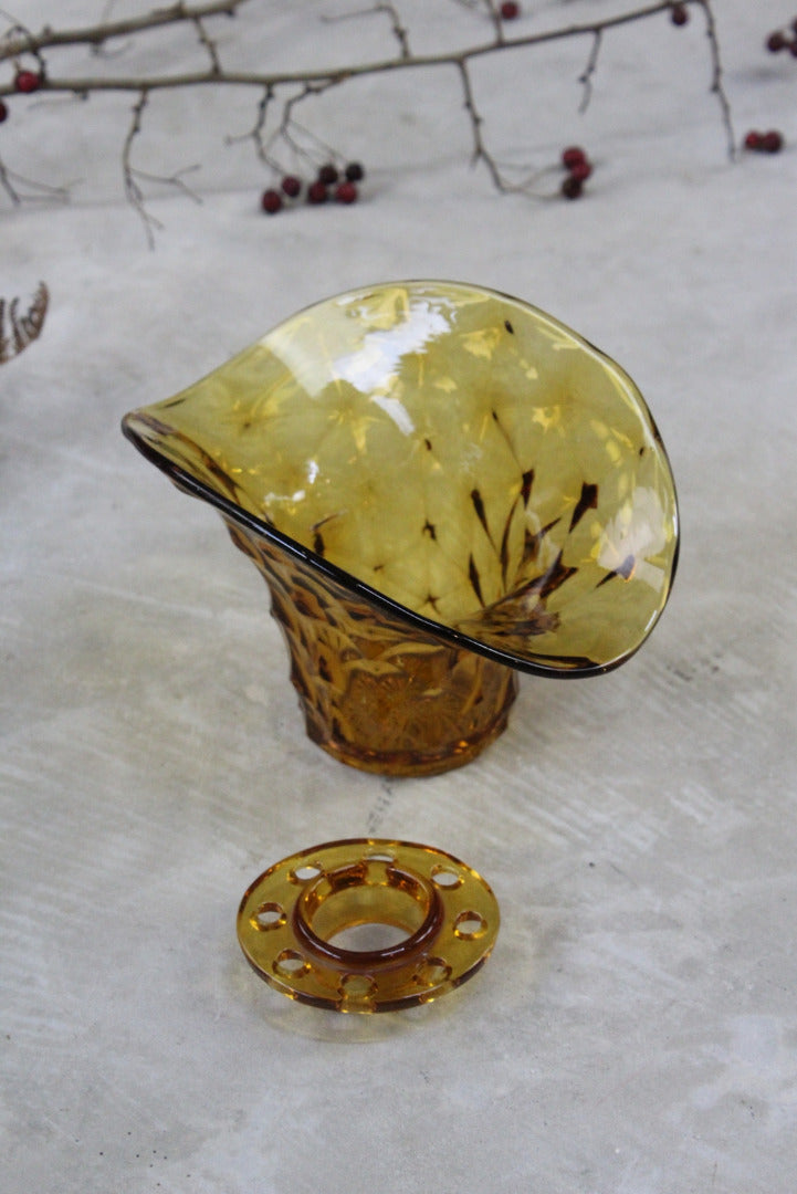 Vintage Amber Glass Posy Flower Bowl & Frog - Kernow Furniture