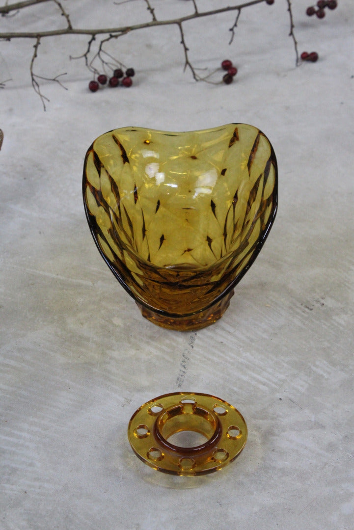 Vintage Amber Glass Posy Flower Bowl & Frog - Kernow Furniture