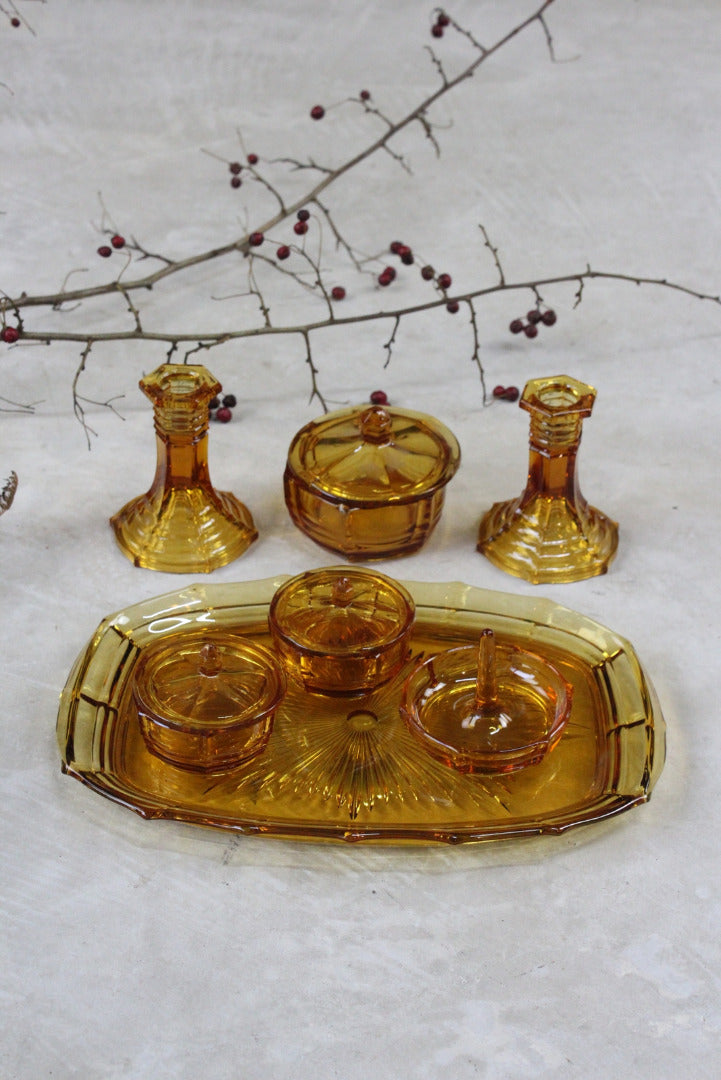 Vintage Amber Glass Dressing Table Set - Kernow Furniture