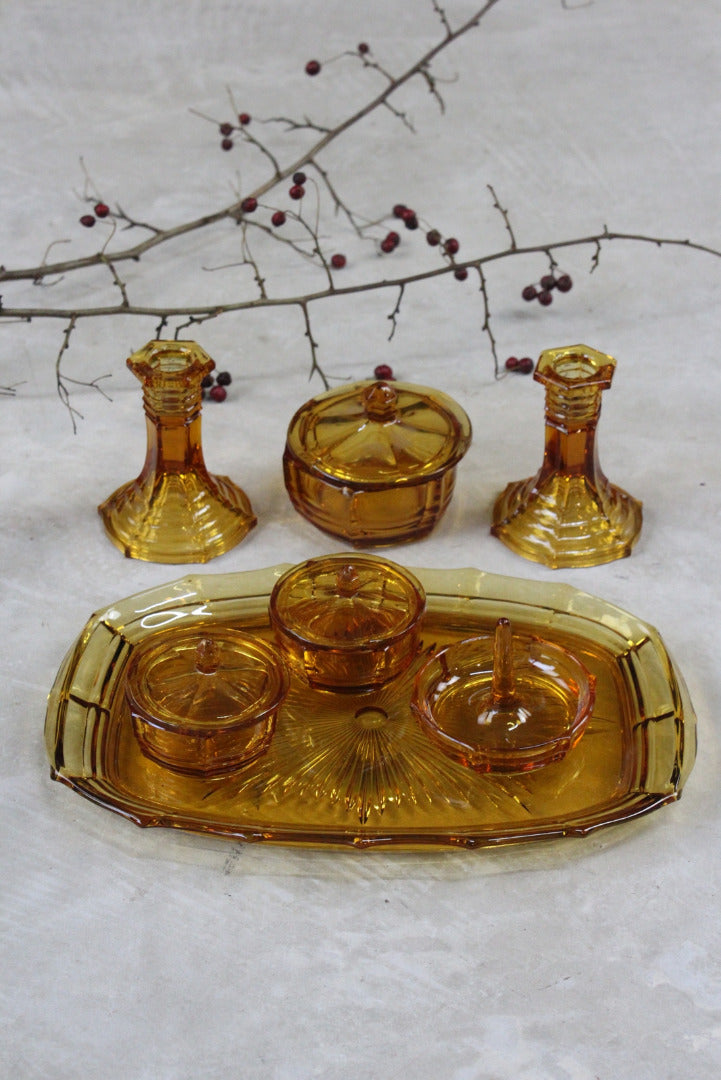 Vintage Amber Glass Dressing Table Set - Kernow Furniture