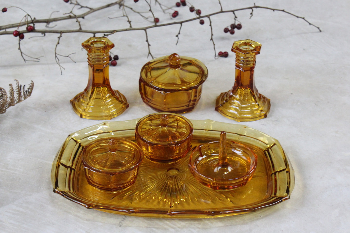 Vintage Amber Glass Dressing Table Set - Kernow Furniture