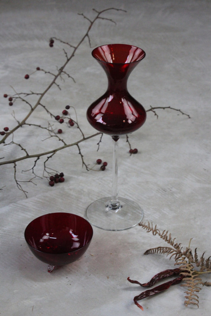 Glass Red Vase & Bowl - Kernow Furniture