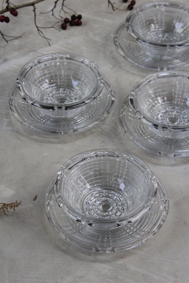 4 Vintage Glass Dessert Bowls & Saucers - Kernow Furniture