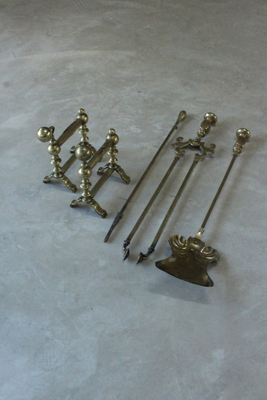 Brass Fire Companion Set Tongs Poker Shovel Poker Rest - Kernow Furniture