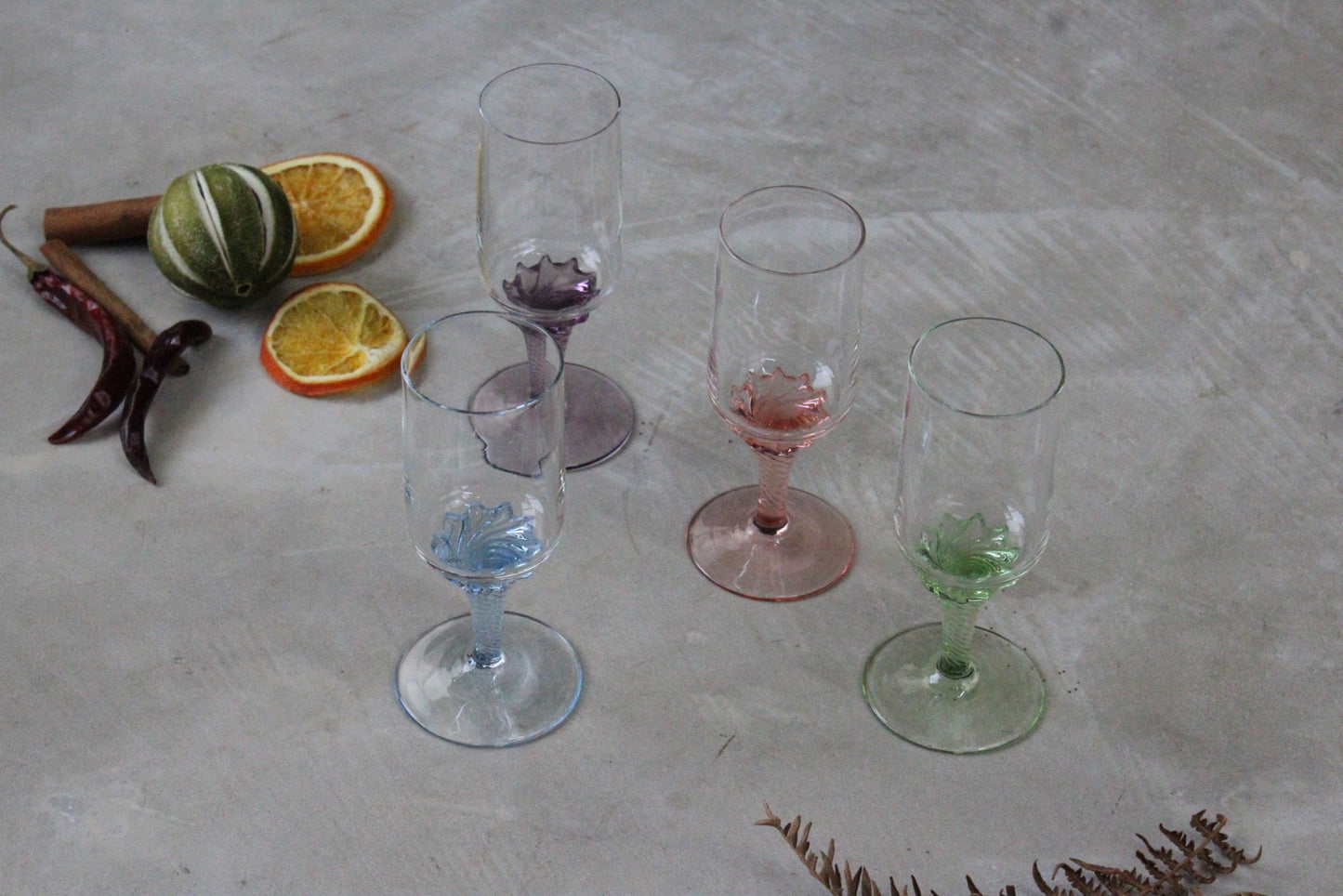 4 Coloured Glass Sherry Licqueur Glasses - Kernow Furniture