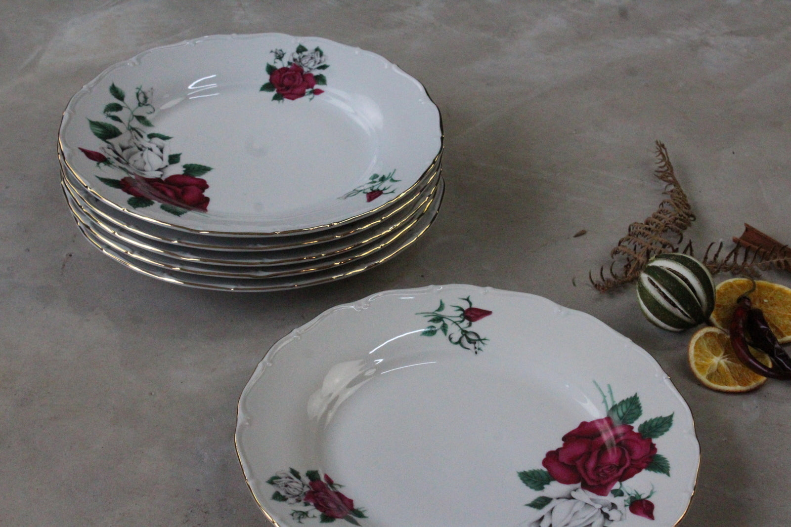 6 Vintage Czech China Dinner Plates - Kernow Furniture