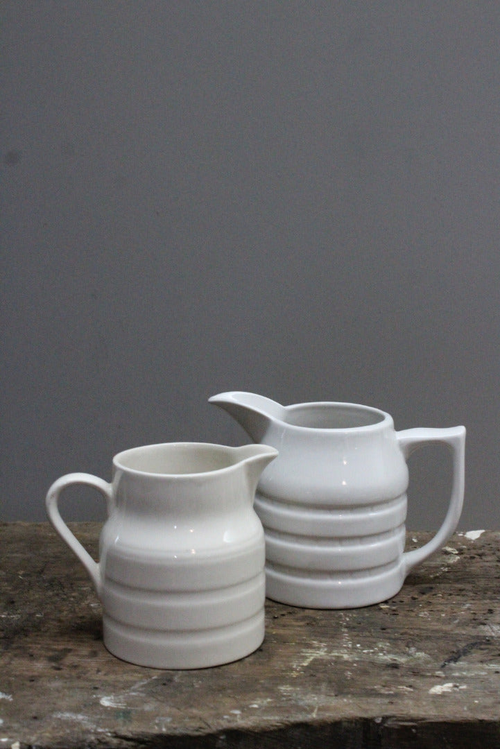 Pair White Banded Kitchen Jugs - Kernow Furniture