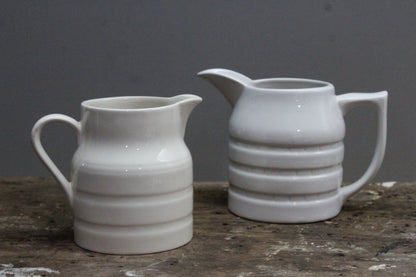 Pair White Banded Kitchen Jugs - Kernow Furniture