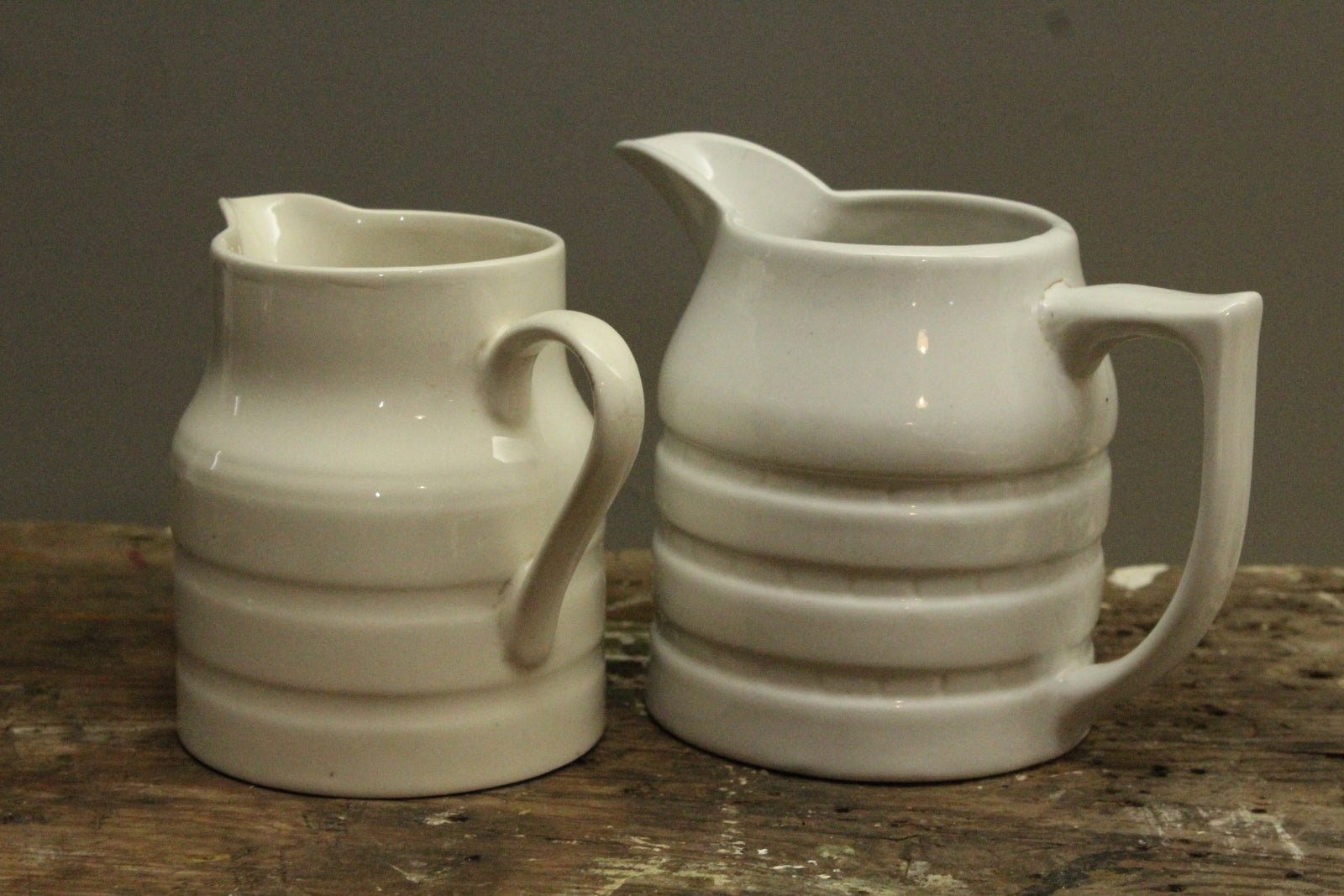 Pair White Banded Kitchen Jugs - Kernow Furniture