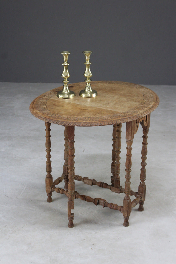 Small Oak Drop Leaf Carved Side Table - Kernow Furniture