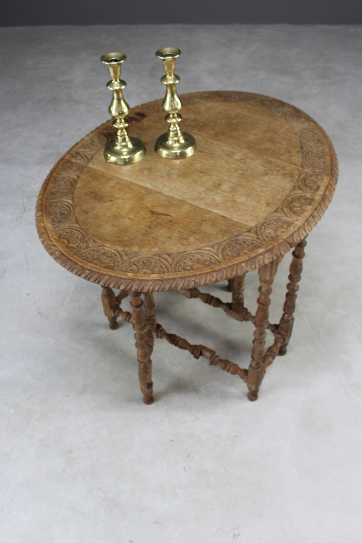 Small Oak Drop Leaf Carved Side Table - Kernow Furniture
