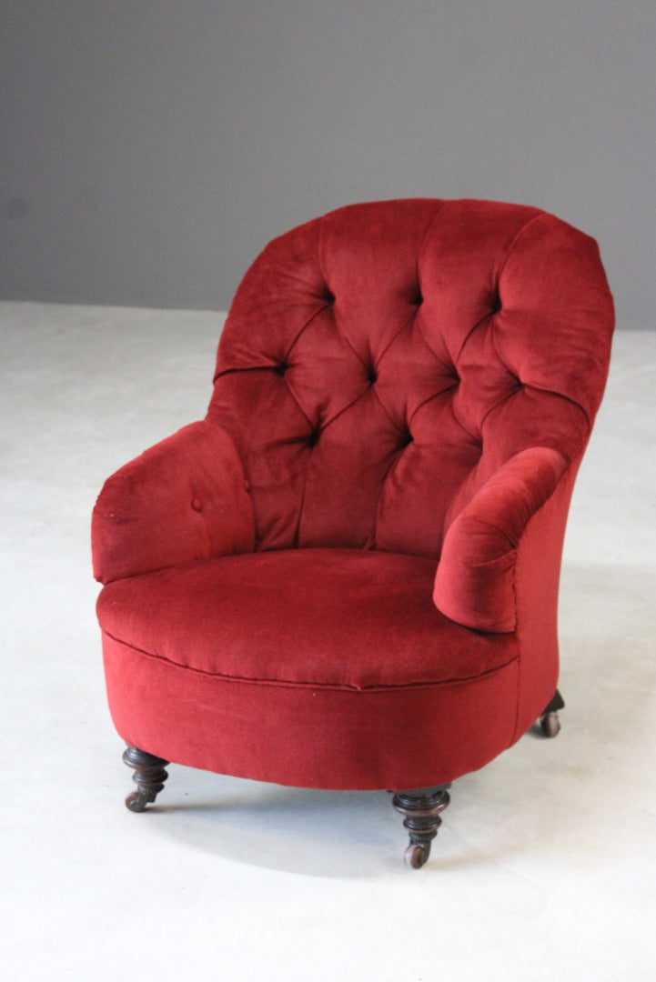 Antique Small Red Button Back Armchair - Kernow Furniture